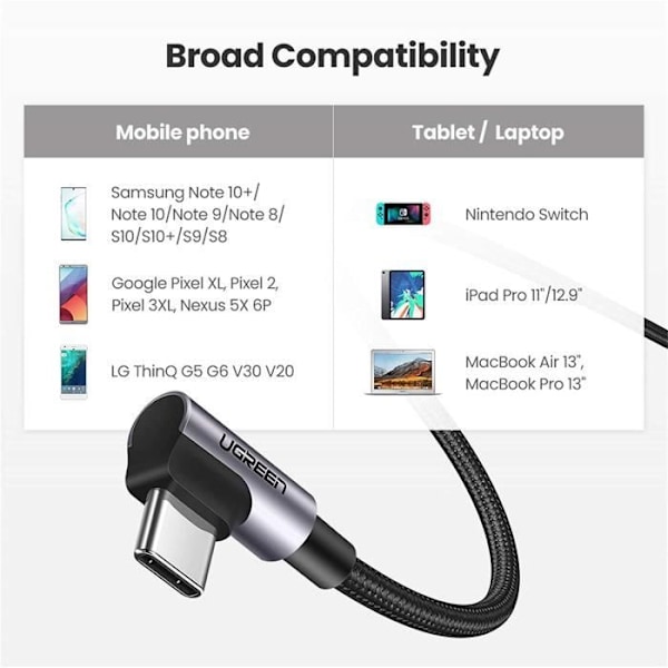 UGREEN USB C-kabel USB C-kabel 90 grader vinklad 60W nylonflätad 1M, kompatibel med MacBook Pro MacBook Air iPad Pro Galaxy S21 Ultra S20