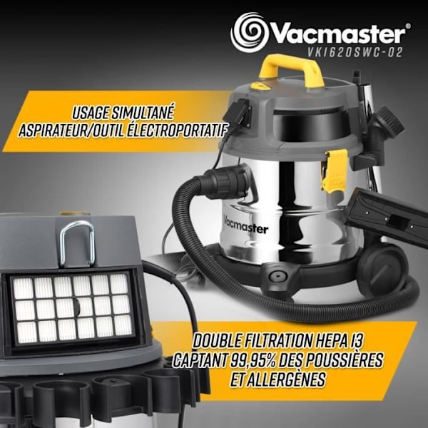 Vatten- och dammdammsugare 1600W - 20L rostfritt stål - 27 Kpa med integrerat uttag - Vacmaster