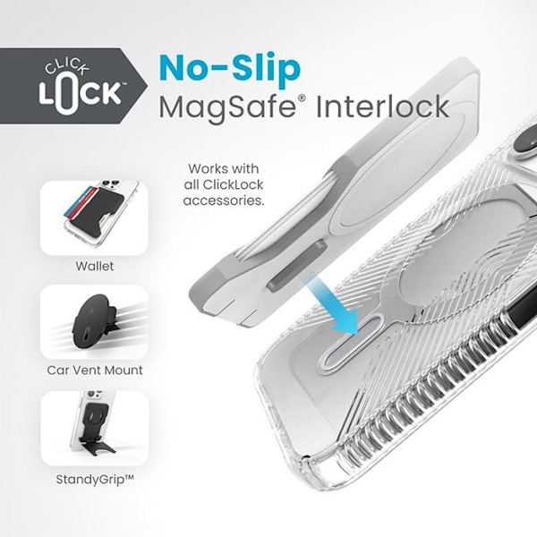 Speck Presidio Perfect-Clear Grip ClickLock & Magsafe - Fodral för iPhone 15 Pro (Klar / Chrome Finish / Serene Silver)