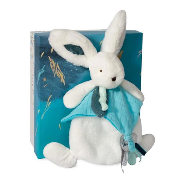 Doudou et Compagnie - Doudou Rabbit -25 cm - Vit / påfågelblå - Peacock Pompom Rabbit - Presentidé - Happy Pop - Happy Doudou To You blå anka
