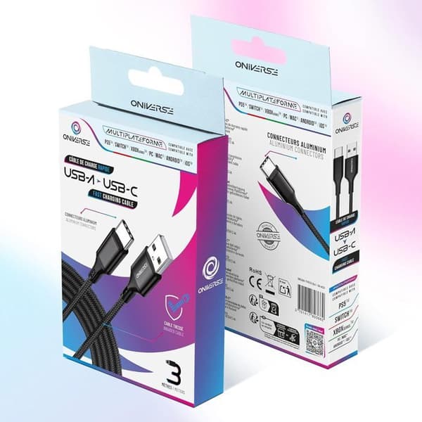 USB A→USB-C flätad kabel - ONIVERSE - 3 m - Snabbladdning 2,4 A - Kompatibel med PS5/Xbox/Switch/iPhone15/PC