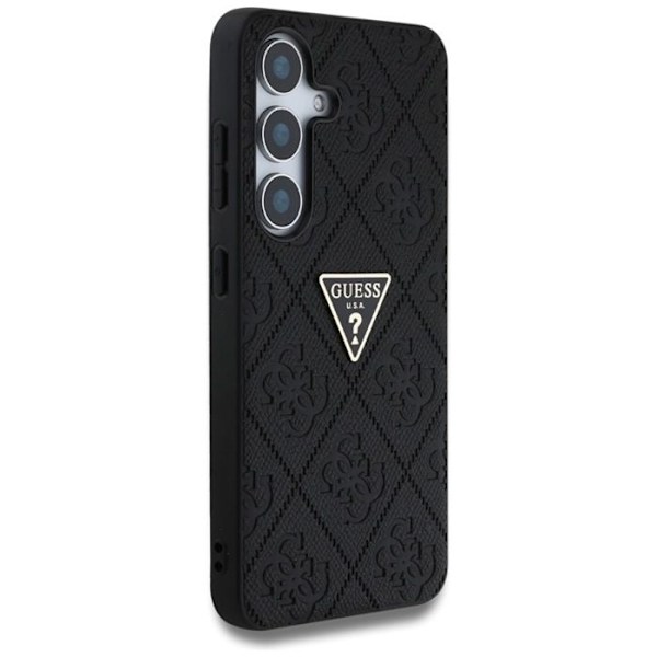 Coque Guess Hot Stamp 4G med triangulärt metallogotyp för Samsung Galaxy S25 (svart)