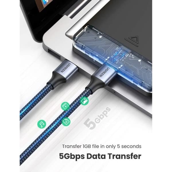 USB 3.0-kabel - UGREEN - Typ A hane till hane - 0,5 m - 5 Gbps - Flätad nylon