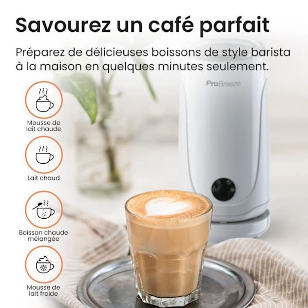 Pro Breeze 4-i-1 varm och kall elektrisk mjölkskummare - för cappuccino, varm choklad, frappéer - vit Vit