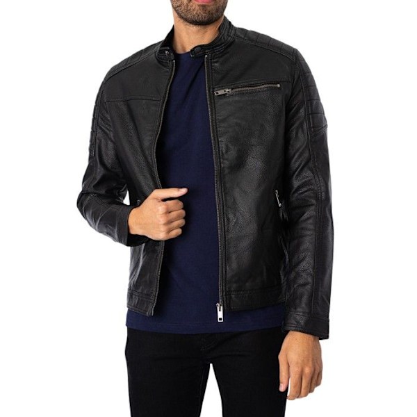Läderjacka - Jack & Jones - Svart - Bikerfinish - Justerbar nederkant - Tre framfickor Svart jag