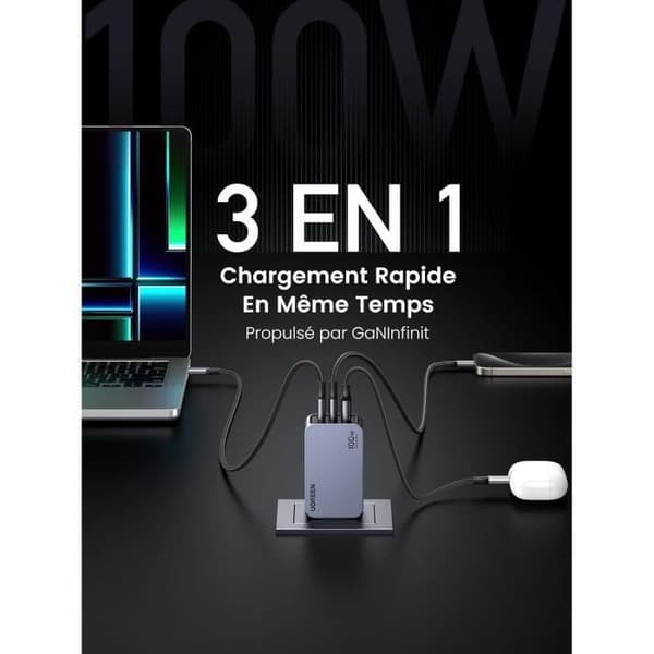 Laddare - UGREEN - Nexode Pro 100W - 3 USB-C portar - GaNInfinity - Snabbladdning
