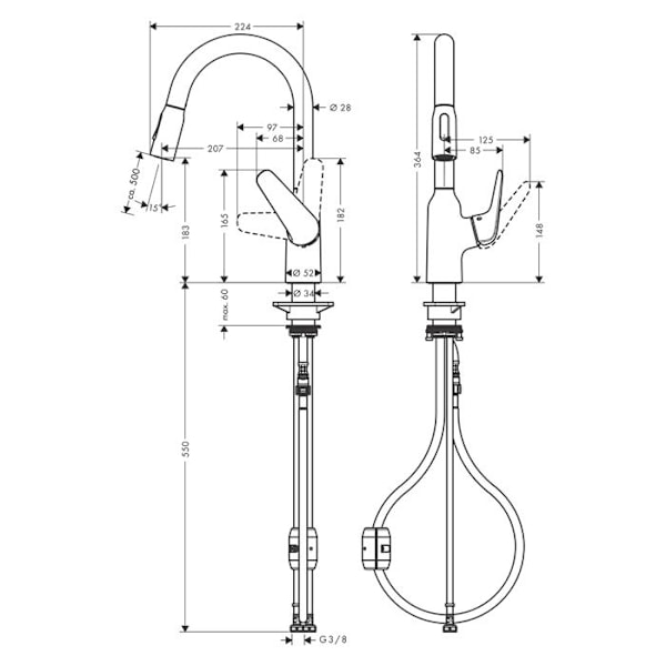 hansgrohe Focus M42 180 engrepps köksblandare, med 2-stråle utdragbar spray, krom, 71801000 Grå