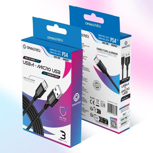 USB-kabel - Oniverse - Micro USB - 3m - Snabbladdning 2.4A - Kompatibel med PS4, Xbox One, Android, PC - Svart Svart