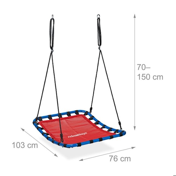 Relaxdays Fågelbo Hängmatta, barn och vuxna, max belastning 100 kg, justerbar, L x B 76 x 103 cm, trädgård, röd röd och blå