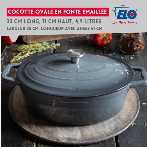 Emaljerad gjutjärn oval cocotte 33 cm klassisk grå 5 L Elo Grå