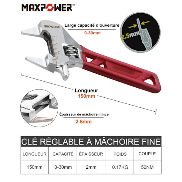 Maxpower - M11181 - Skiftnyckel 150mm Skiftnyckel med ultratunna käftar, Maximal öppning 30 mm Skiftnyckel