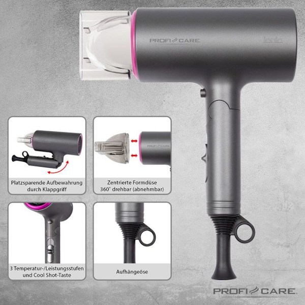 Hårfön - Proficare - HT 3073 - 1600W - 3 temperaturnivåer - Fällbart handtag Rosa