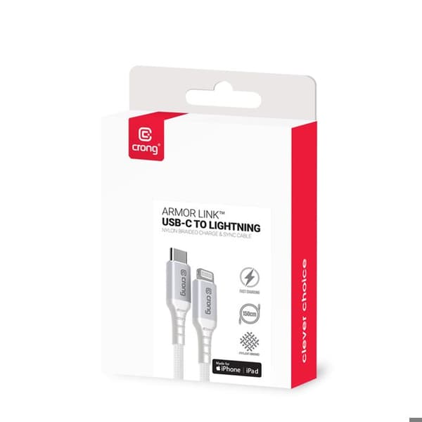 Kabel - CRONG - Armor Link - USB-C till Lightning - Snabbladdning - 150 cm - Vit Vit