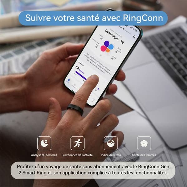 RingConn Gen 2 Smart Ring, Sömn Apné Spårning, 12 Dagar, Sömn, HR & Stress, iOS/Android (Silver, Storlek 14)