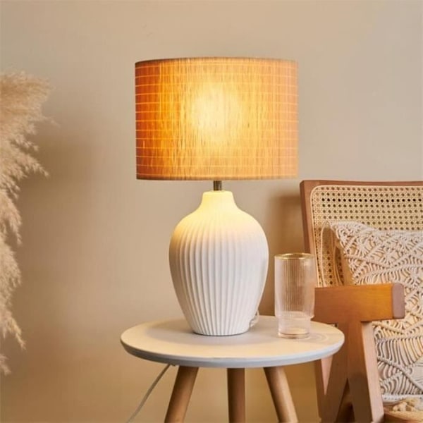 TIMBER GLOW-Bordslampa Bambu/Keramik H49cm Vit Pauleen Ø 28cm / H 49cm