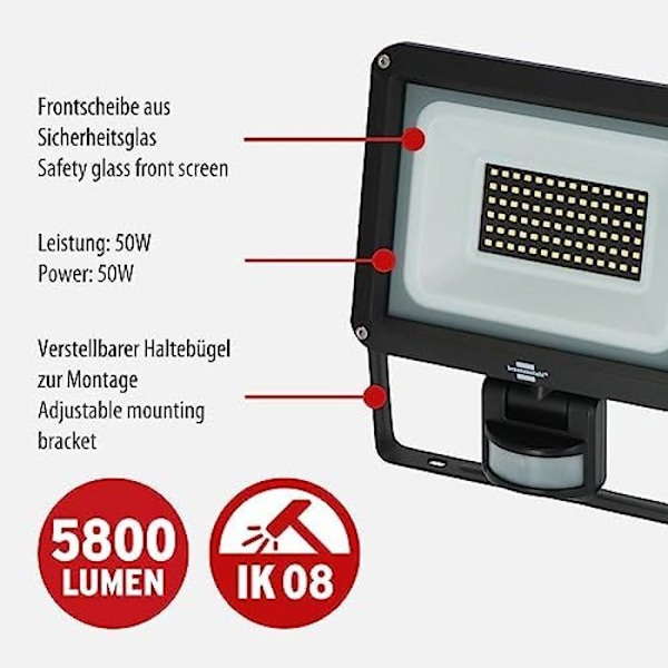 LED-lampa - BRENNENSTUHL - JARO 7060 P - 5400 lm - 50 W - IP65 - Rörelsedetektor Flerfärgad