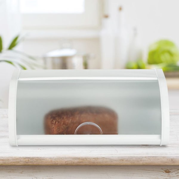 Relaxdays White Bread Box, förvaring av färskt bröd, bakverk, transparent skjutlock, stål, vit Vit