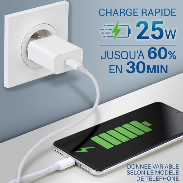 USB C-laddare 25W Slim Waytex, Snabb och Säker för iPhone, iPad, Samsung, Android, EU-kontakt, Vit