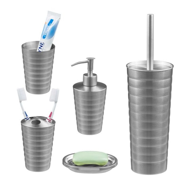 Relaxdays badrumstillbehör, 5 delar, i borstat rostfritt stål och plast, modern och harmonisk design, silverfärgad silver-