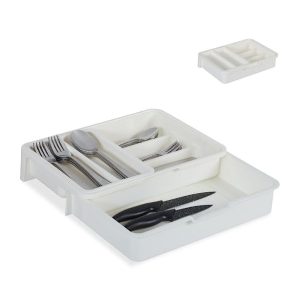 Relaxdays Bestickningsset, 7 fack, utdragbar bestick och köksredskap, plast, HlP 6 x 23,5x31,5cm vit Vit