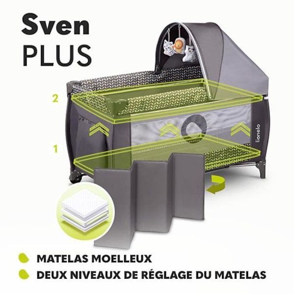 LIONELO Sven Plus - 2in1 Baby Resesäng - Från 0 till 36 månader - Skötbord - Myggnät och tillbehör - Grå Grå
