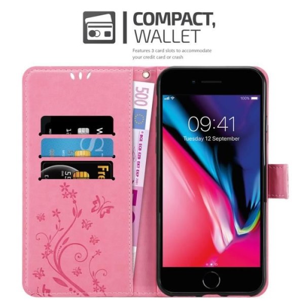 Fodral till iPhone 7/7S/8 - CADORABO - Blommönster - Imiterat läder - Stativfunktion - 3 kortplatser Rosa