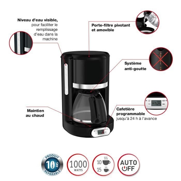 MOULINEX Soleil programmerbar filterkaffebryggare - 10/15 koppar - 1,25 L glaskanna - 1000 W - Svart