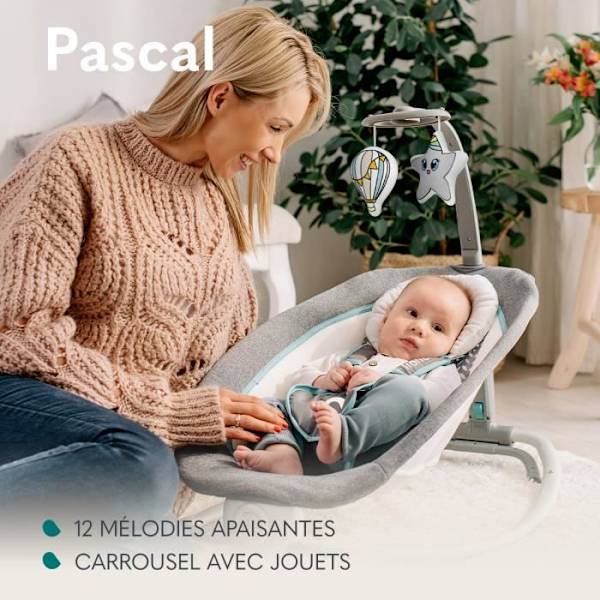 Balansäng Transat LIONELO Pascal - 12 melodier - Vibrationer - Kompakt hopfällning - Grå - Blå Grå, vit, turkos
