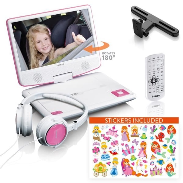 9-tums bärbar DVD-spelare med hörlurar, USB-port och hängare - Lenco DVP-920PK - Rosa