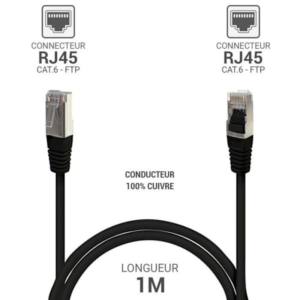 RJ45 Ethernet nätverkskabel Cat 6 FTP 33510 skärmad 250MHz 100 % kopparledare Längd 1m Svart