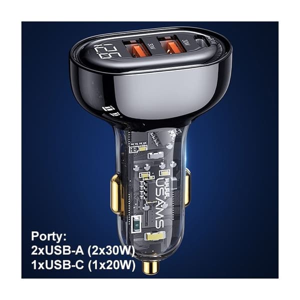 Bilaggregat - USAMS - 80W - 2xUSB + 1xUSB-C - Överhettningsskydd - Elegant design Blå