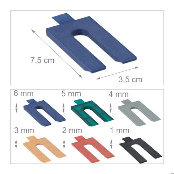 Relaxdays plastisk mellanlägg, set om 144, glasrutor i 6 storlekar, distanser 1 - 6 mm, olika färger röd, grön, blå