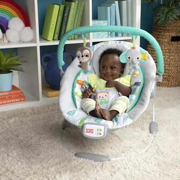 BRIGHT STARTS Jungle Vines Baby Bouncer, lugnande vibrationer, avtagbar leksaksstång, upp till 9 månader Grå, grön och blå