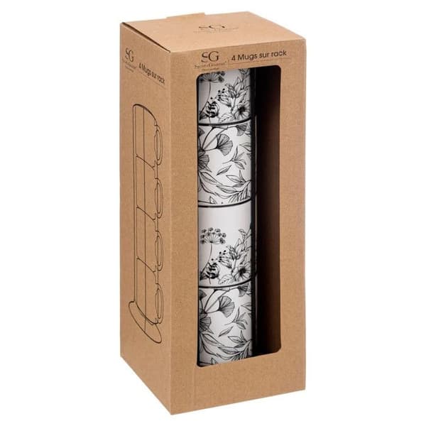 Set med 4 Muggar på Ställ "White Floral" 24cl Vit Vit