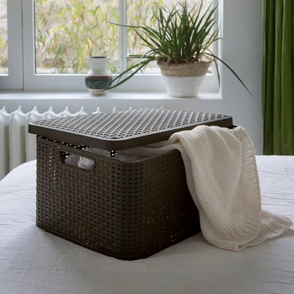 Curver Rattan Basket Style Förvaringslåda med lock, plast, ljusgrå, L: 44,5 x 33 x 24,8 cm ljusgrått