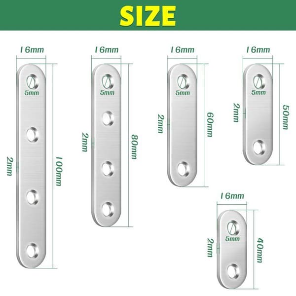Bolatus - B005 - Set med 10 raka stöder (50 x 16 x 2 mm) i rostfritt stål med hål för trä.