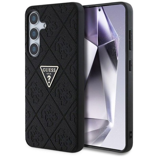 Coque Guess Hot Stamp 4G med triangulärt metallogotyp för Samsung Galaxy S25 (svart)