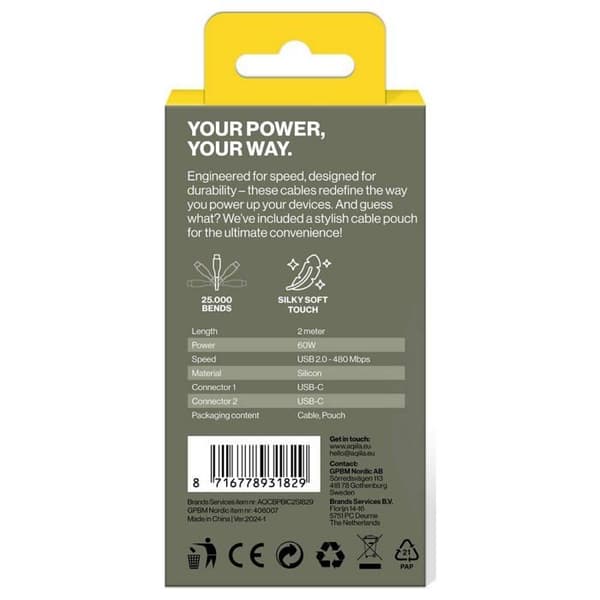 USB-C-kabel - AQIILA - CS12 - 2,00 m - 60 W - 480 Mbit/s Vit