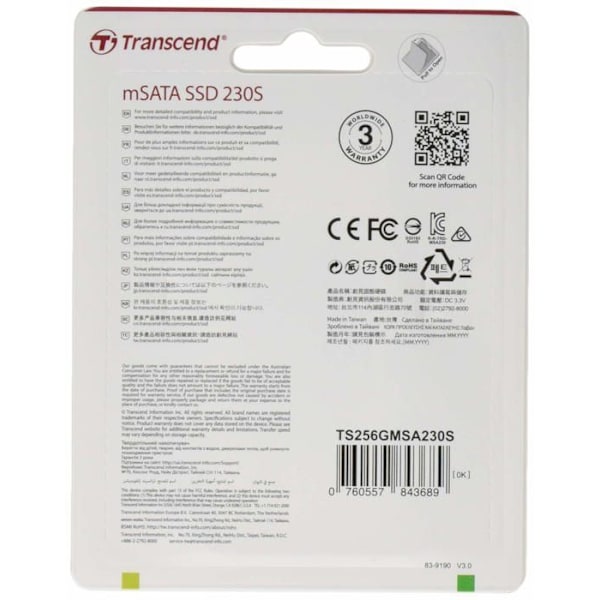 Intern SSD TRANSCEND MSA230S 256 GB SATA III 6 GB/s mSATA SSD 230S Solid State Drive