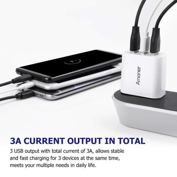 Universal 3-portars USB-nätladdare Väggladdare (5V 3A Max) Universal USB-adapter för Apple iOS, Android