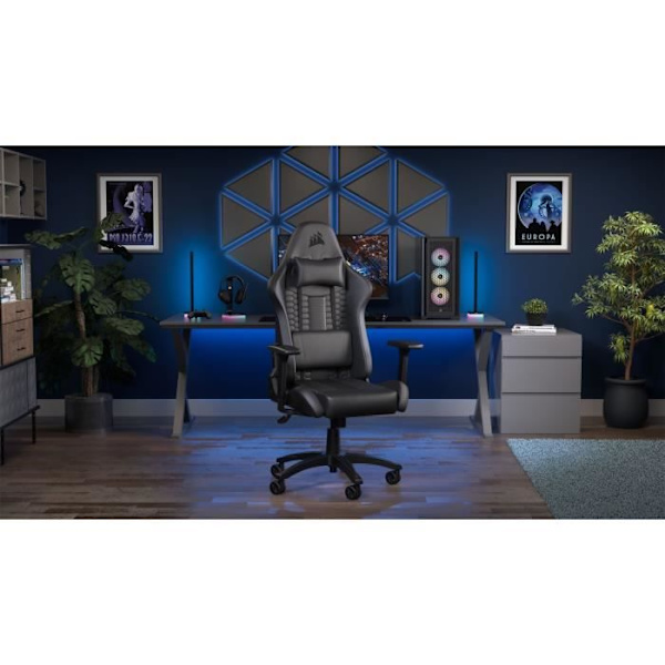 CORSAIR - Kontorsstol - Spelfåtölj - TC100 RELAXED - Imiterat läder - Ergonomiskt - Justerbara armstöd - Svart - Svart