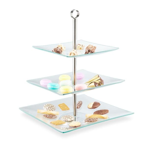 Relaxdays tårnservis, 3 nivåer, rektangulær, glass, rustfritt stål, presentasjon av muffins, frukt, transparent/sølv silver, transparent