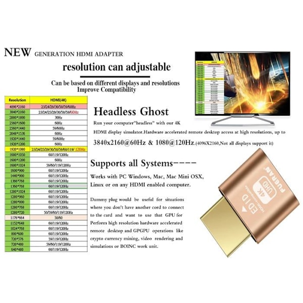 Ljud - videoadapter Fueran HDMI Dummy Plug Headless Ghost Display Emulator DDC EDID Emulator Fake Display 4K60Hz-1Pack