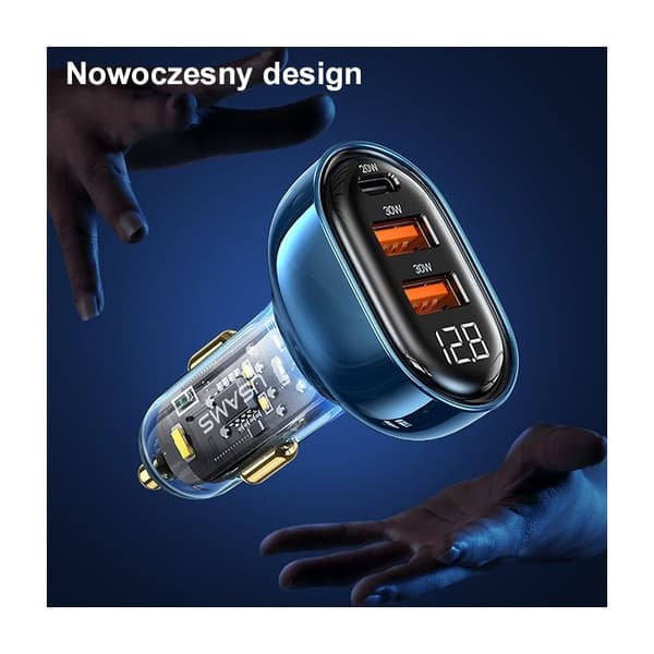 Bilaggregat - USAMS - 80W - 2xUSB + 1xUSB-C - Överhettningsskydd - Elegant design Blå