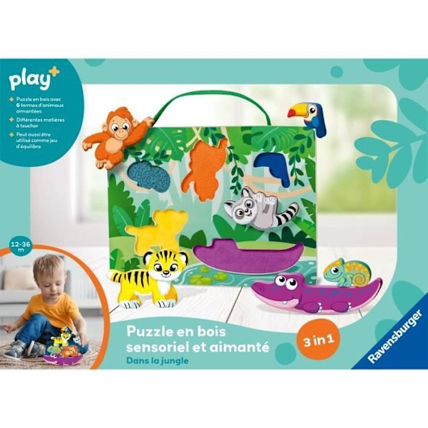 Ravensburger play+, Sensoriskt och magnetiskt träpussel - I djungeln, 6-36 månader, Första ålder, baby Flerfärgad