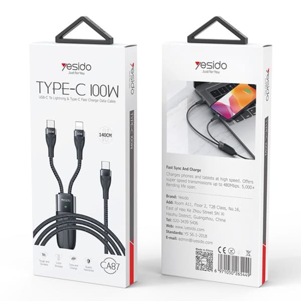 Yesido - Datakabel (CA87) - Typ-C till Typ-C, Lightning, 100W, 480Mbps, 1,4m - Svart