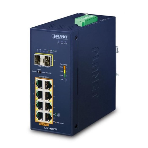 Planet IP30 Ind 8-P 10/100/1000T -40 - 75 °C -40 - 85 °C - 5 - 90% - 5 - 90% - 66 mm - 106 mm () - IGS-1020PTF
