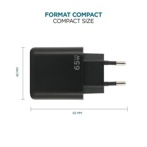 Laddare Sektor 65W GaN 2 USB-C & 1 USB-A, Snabb Laddningsadapter för PC, Surfplatta & Smartphone