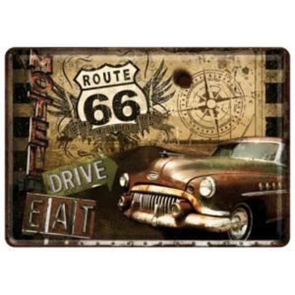 Metallplakett 14 X 10 cm Route 66: Gammal amerikansk bil