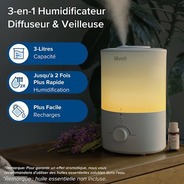 Fuktskrift - LEVOIT - Dual 150 - 3 L - Tyst 28 dB - Diffuser för eteriska oljor